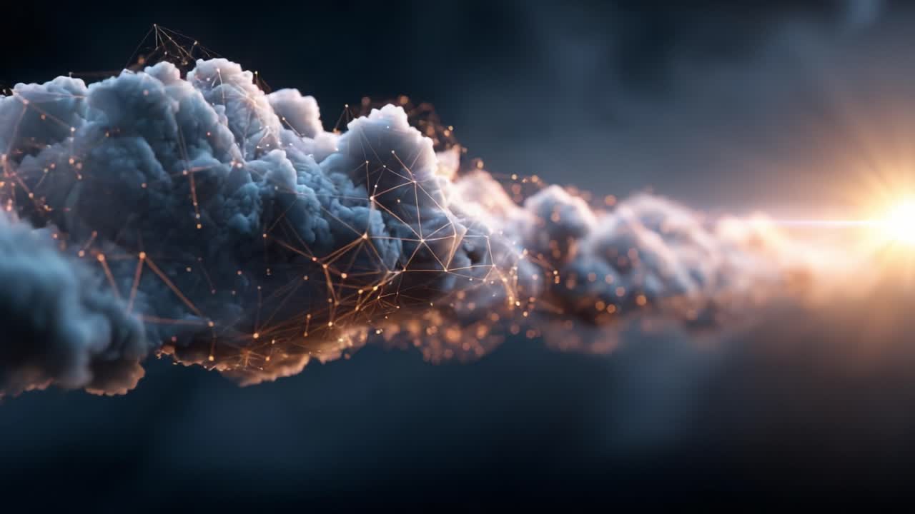 A mesmerizing display of ethereal clouds illuminated by a radiant light, showcasing a blend of technology and nature's beauty in a dramatic atmospheric scene