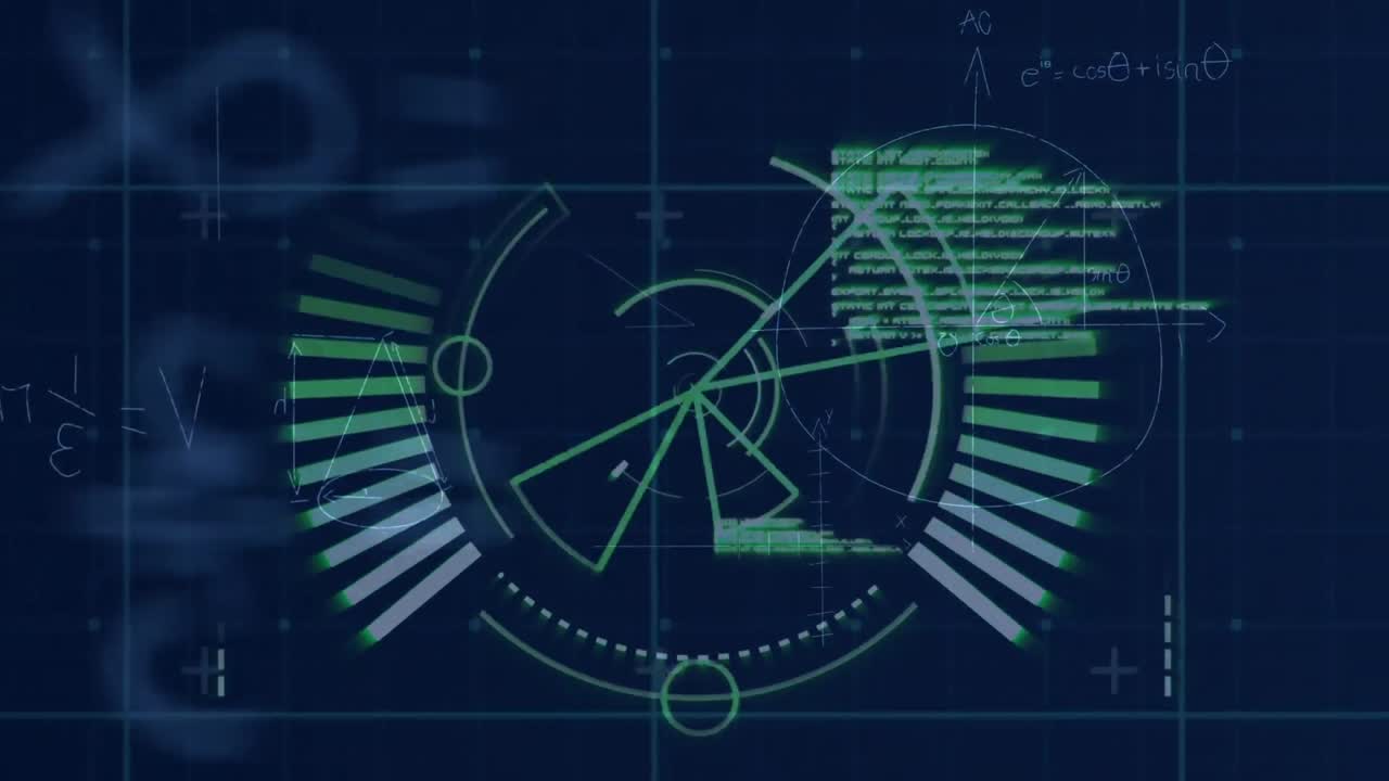 파란색 배경에 대한 둥근 스캐너, 수학적 방정식 및 데이터 처리의 애니메이션