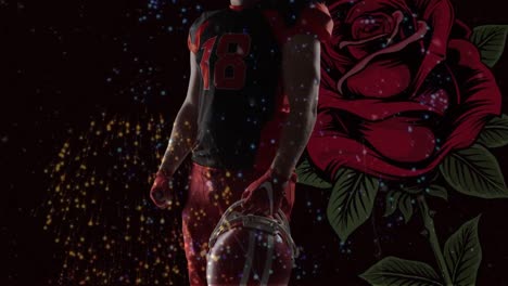 animation of fireworks and roses over american football player on black background