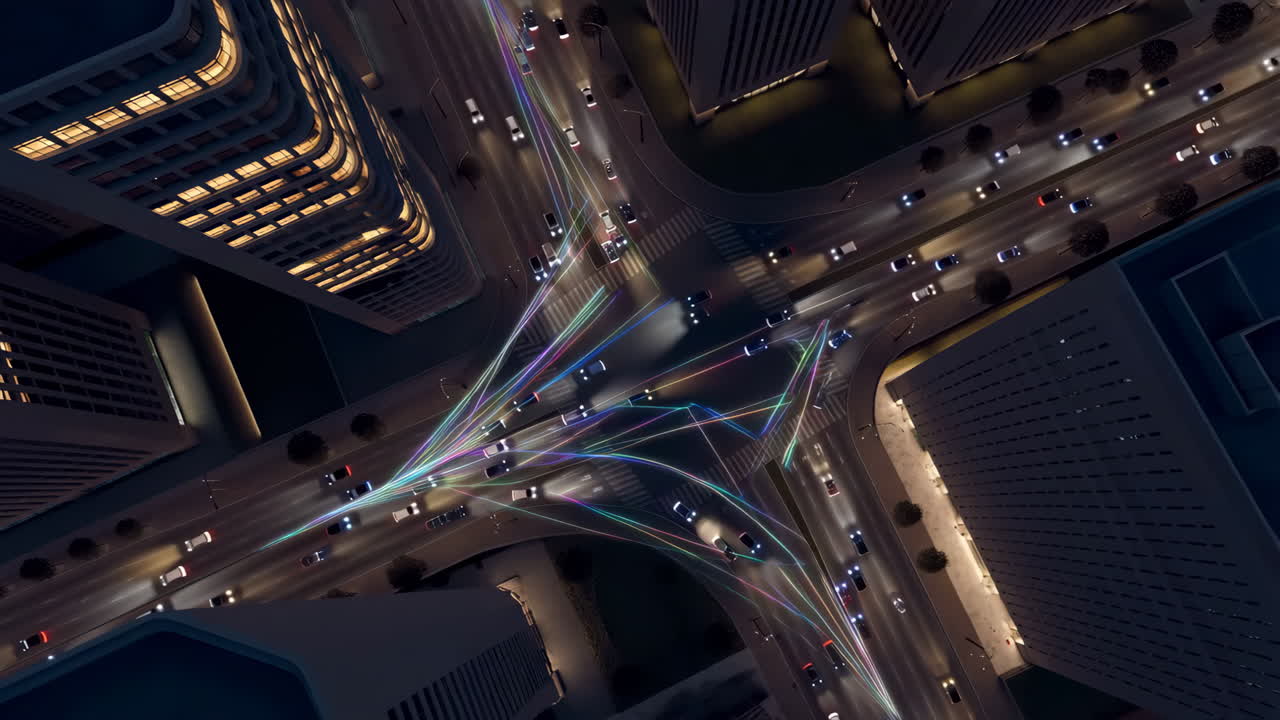 Aerial view of smart city traffic management at night