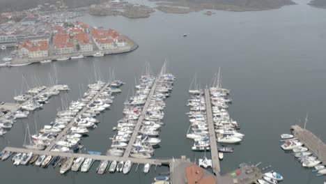 drone flight over a yacht harbour in marstrand, sweden