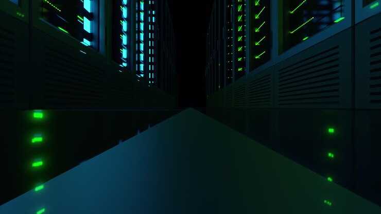 Vista estremamente ampia del piano del data center con server di computer che archiviano ed elaborano informazioni digitali per l'IA. Infrastruttura IT che esegue app e servizi online. Animazione con tecnologia 3D