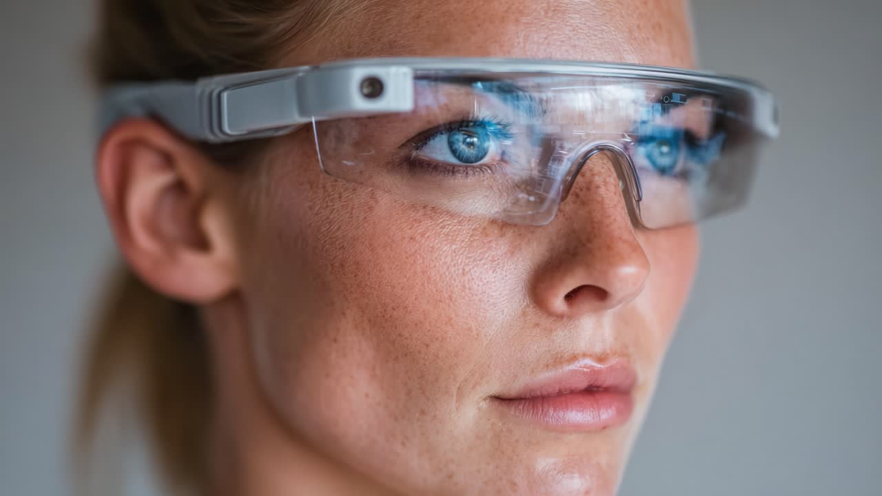 Primo piano di una giovane donna con occhiali intelligenti trasparenti, che mostra l'innovativa tecnologia dell'occhialeria e accattivanti occhi azzurri, su uno sfondo tenue.