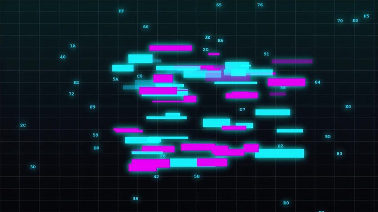 Flusso di dati digitali con codici esadecimali fluttuanti e rettangoli luminosi