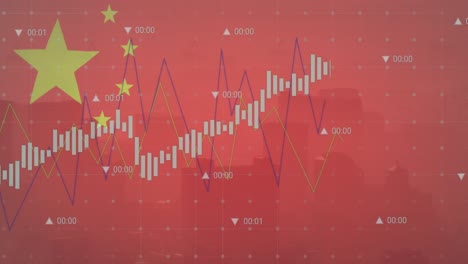 Animation-of-flag-of-china-and-data-processing-over-cityscape