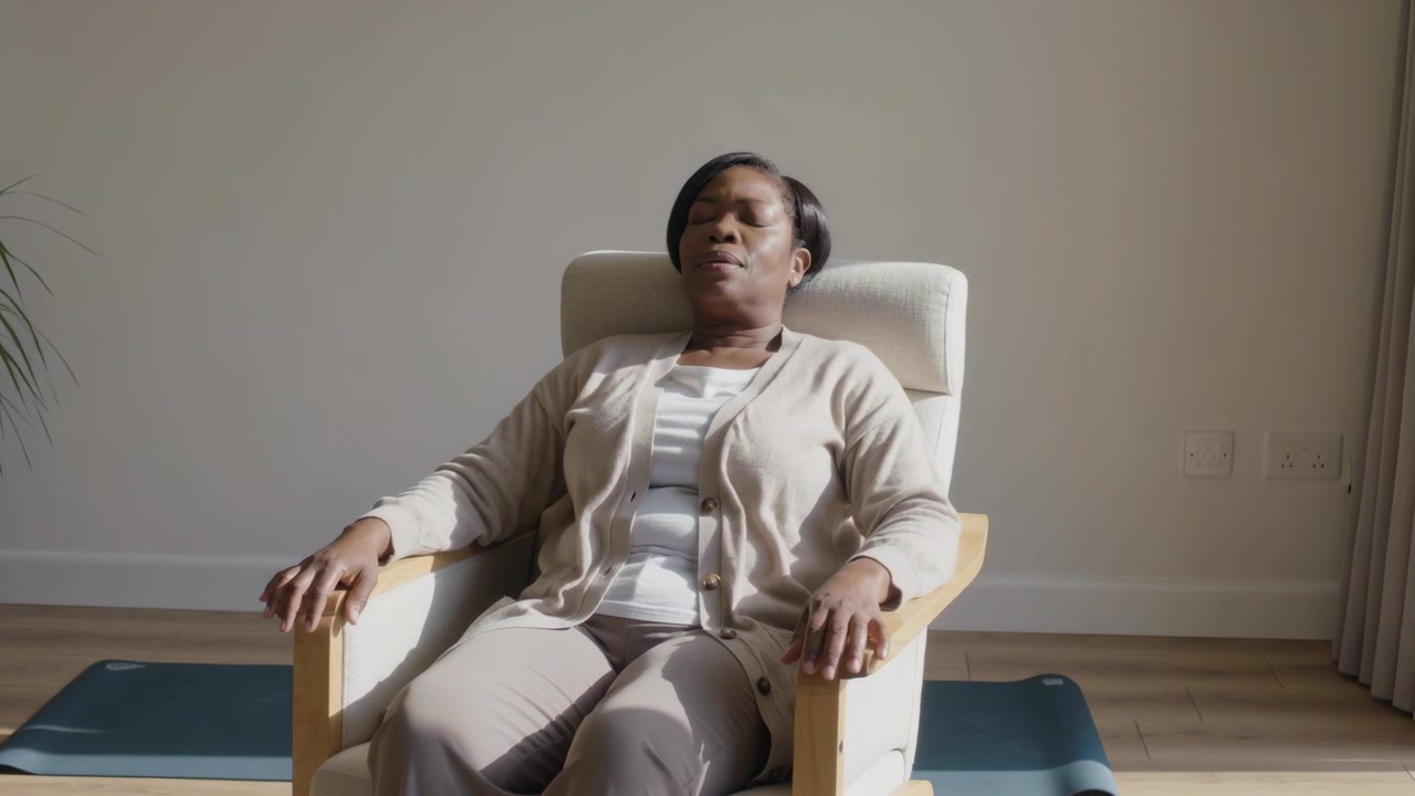 Femme en cardigan beige se prélassant dans un fauteuil sur un tapis à la maison, avec une plante.