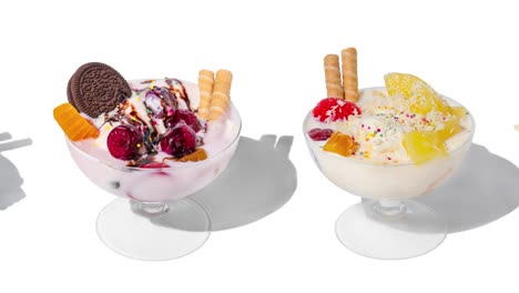seamless looping animation with many ice cream bowls. fresh frozen yogurt, fruits, cookies and cherries isolated on a white background with hard shadows