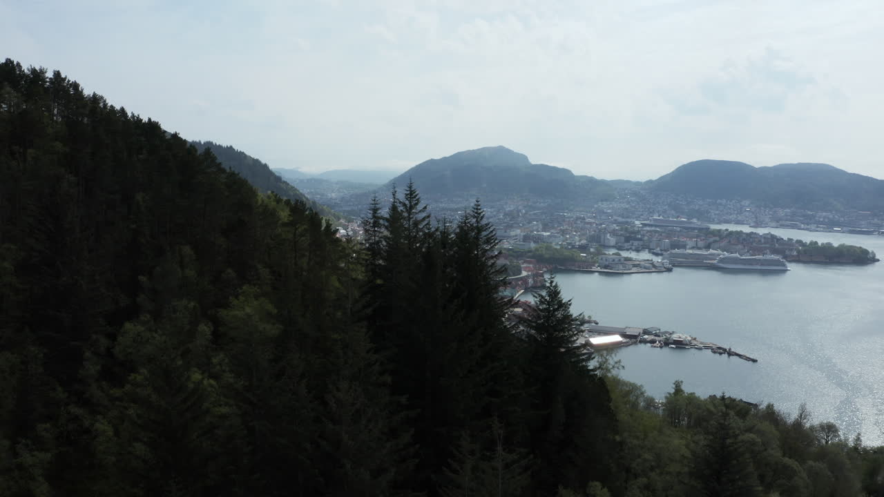 Luftfoto af en kystby i Norge