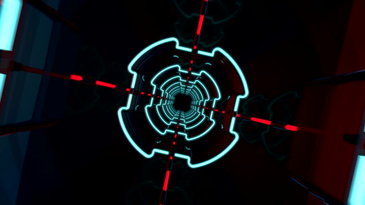 vuelo en un túnel futurista abstracto con luz de neón.