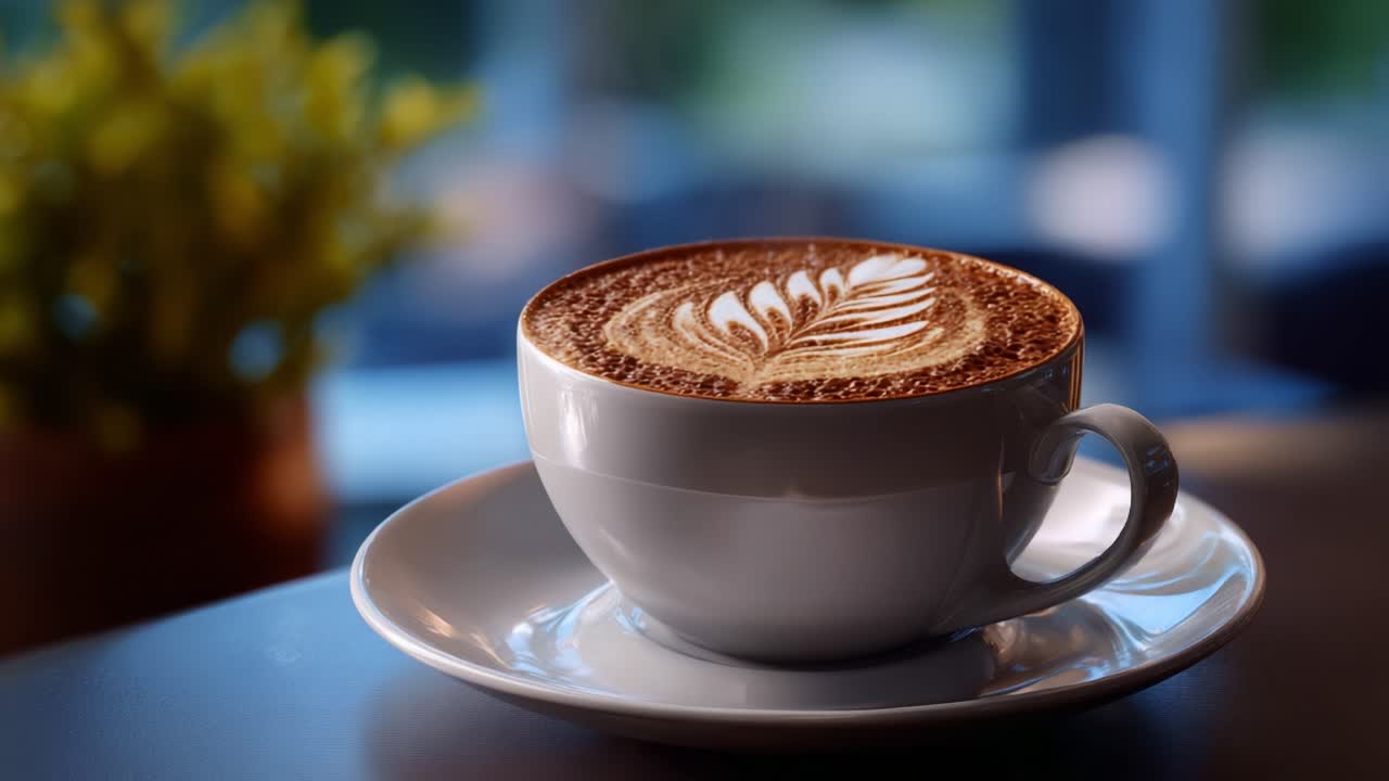 Una tazza di caffè squisitamente realizzata con elaborati disegni di latte art su uno sfondo delicato di verde sfocato e tonalità calde, che invita al relax e al piacere