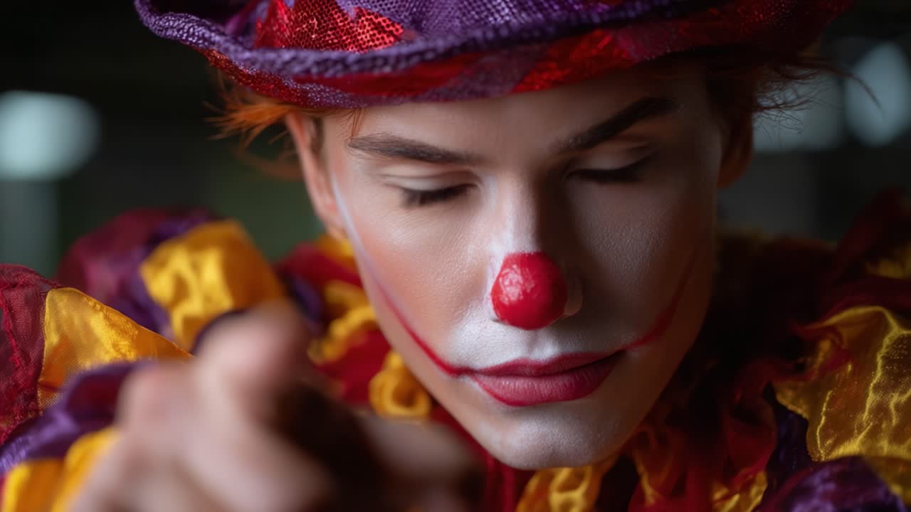 A Close-Up of an Intense Clown Gazing Into the Camera, Highlighting Details of the Colorful Costume and Makeup, Evoking Emotions of Curiosity and Intrigue