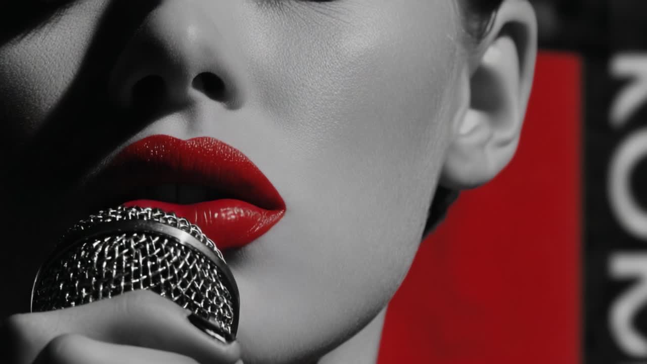 A Captivating Performance: The Dramatic Close-Up of a Singer with Striking Red Lips and Microphone Against a Bold Background