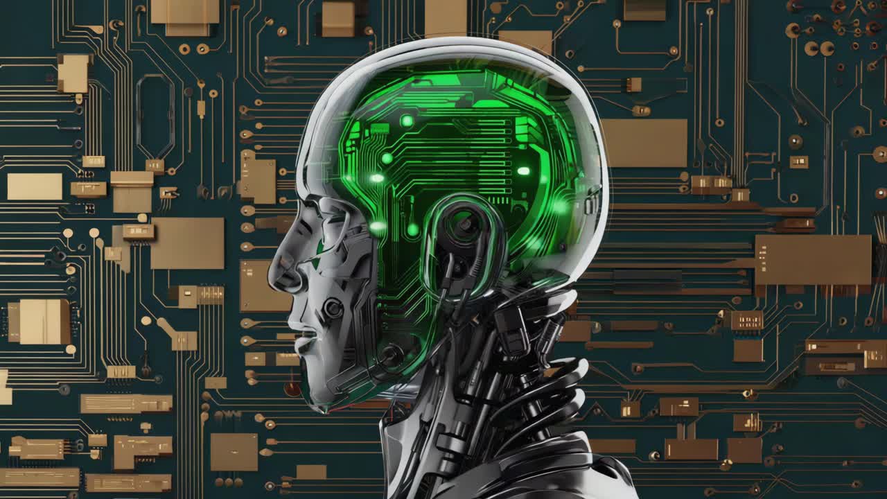 Artificial Intelligence Robot Head with Glowing Circuit Brain