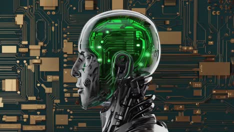 artificial intelligence robot head with glowing circuit brain