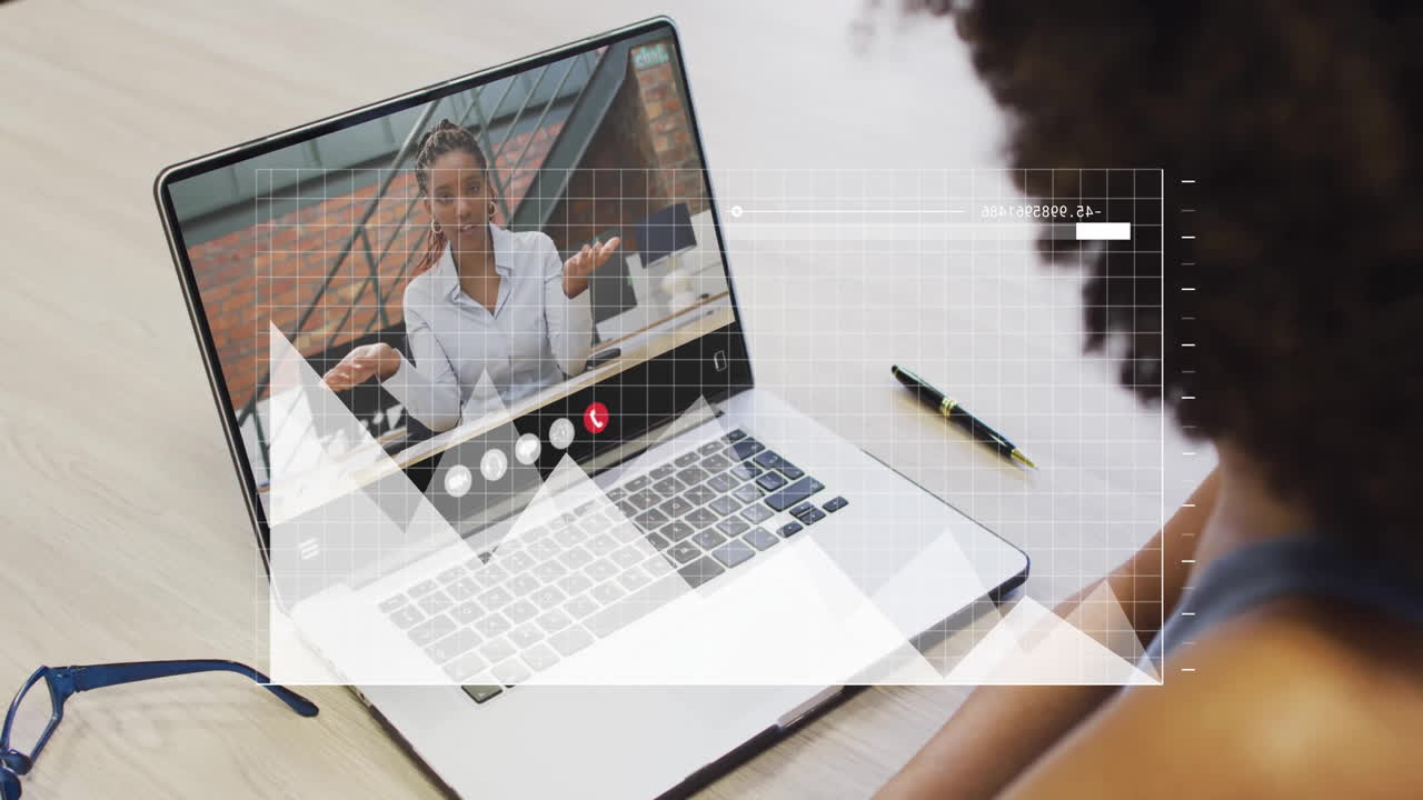 Animation of data processing over diverse colleagues having video call in office