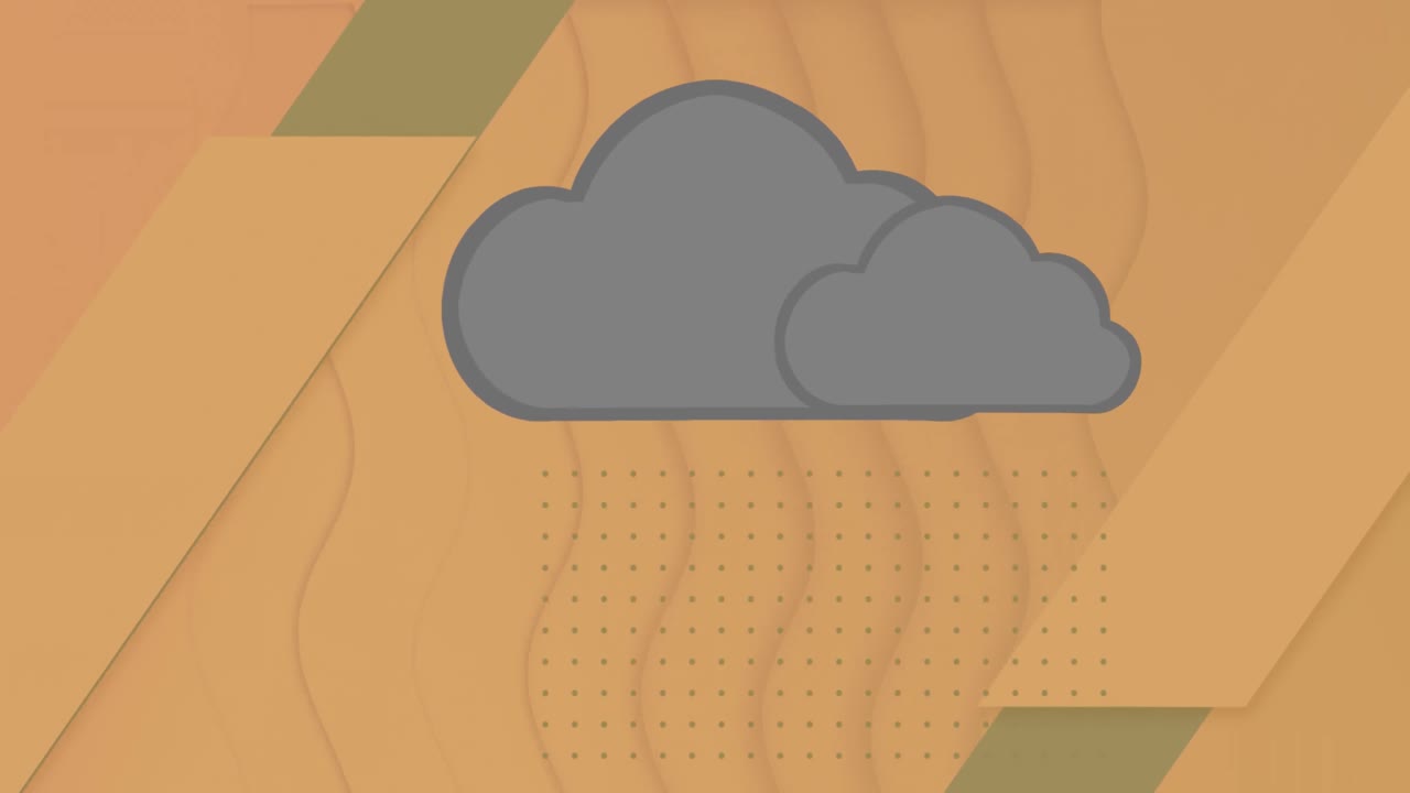 animación de iconos y formas de nubes sobre un fondo naranja.