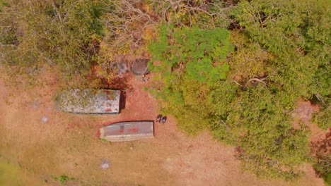 Drone-moving-up-from-a-boat-jetty-on-an-island-above-the-trees