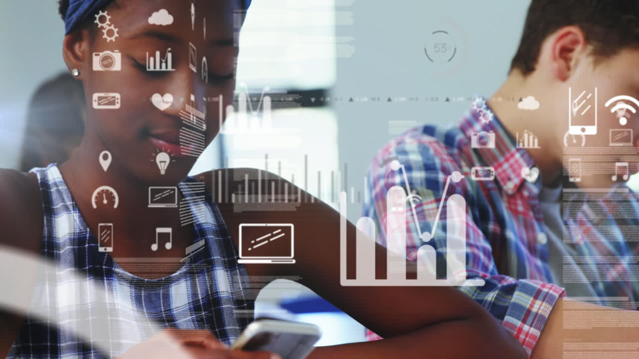 Graphic data over young people working in class.