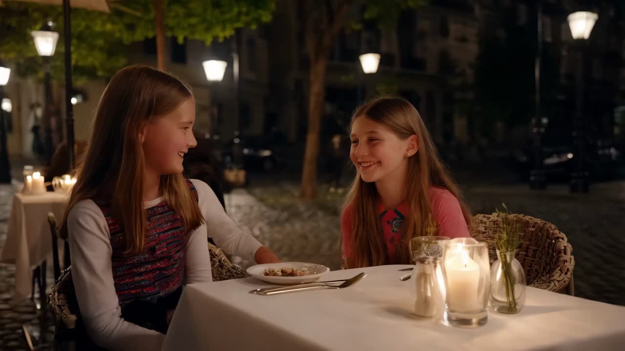 밤 에 야외 에서 저녁 식사를 즐기는 두 소녀