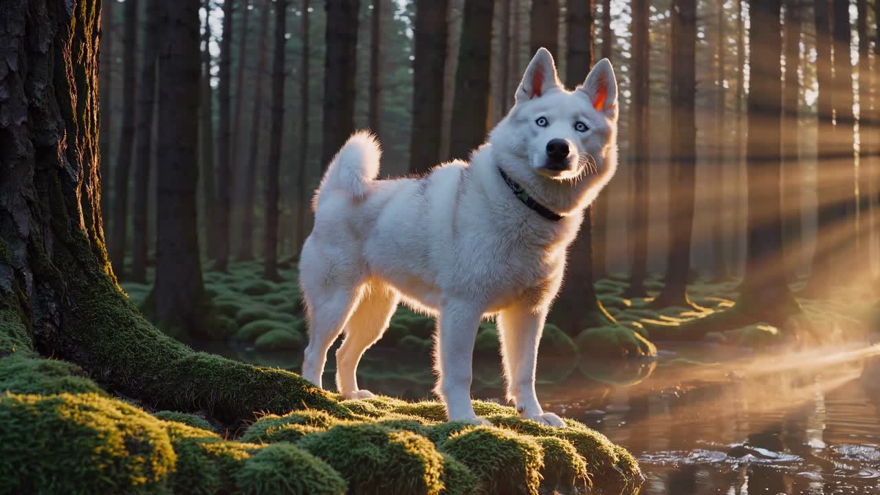 A serene video scene of a dog in a sunlit forest, captured from a low angle, highlighting the mossy