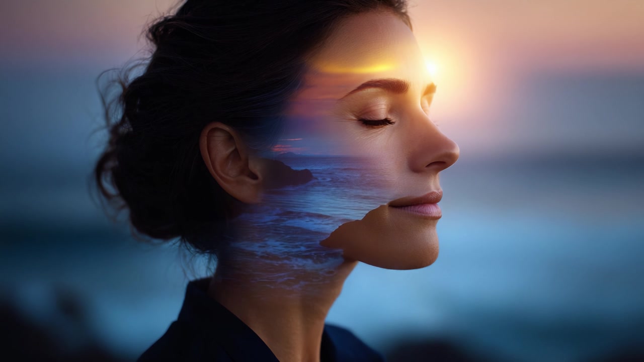 Una mujer serena al atardecer: Armonía enigmática y dicha oceánica reflejadas en su rostro tranquilo durante un crepúsculo apacible junto a la orilla, capturando paz interior y belleza.