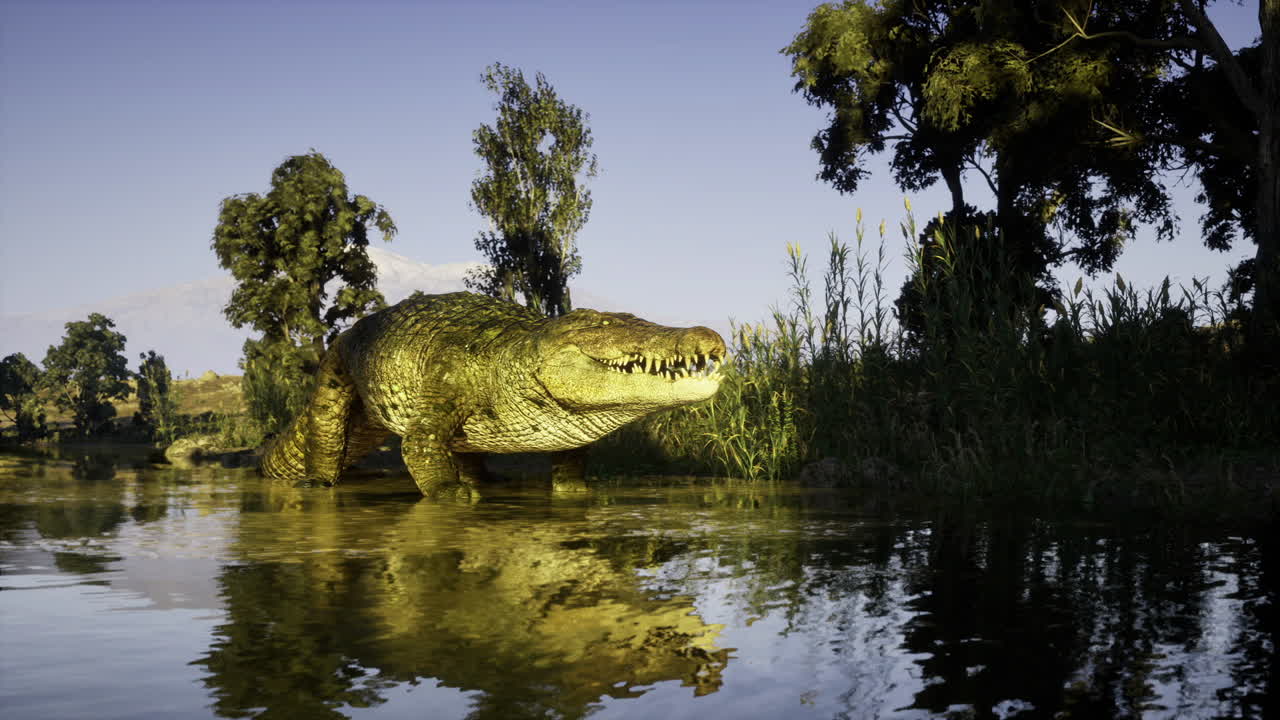 Crocodilo brilhante emergindo, um crocodilo reluzente se ergue de um rio tranquilo.