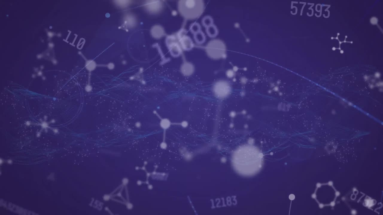 Animation of networks of connections with numbers and molecules on blue background