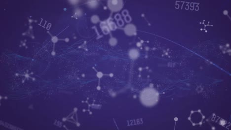 Animation-of-networks-of-connections-with-numbers-and-molecules-on-blue-background