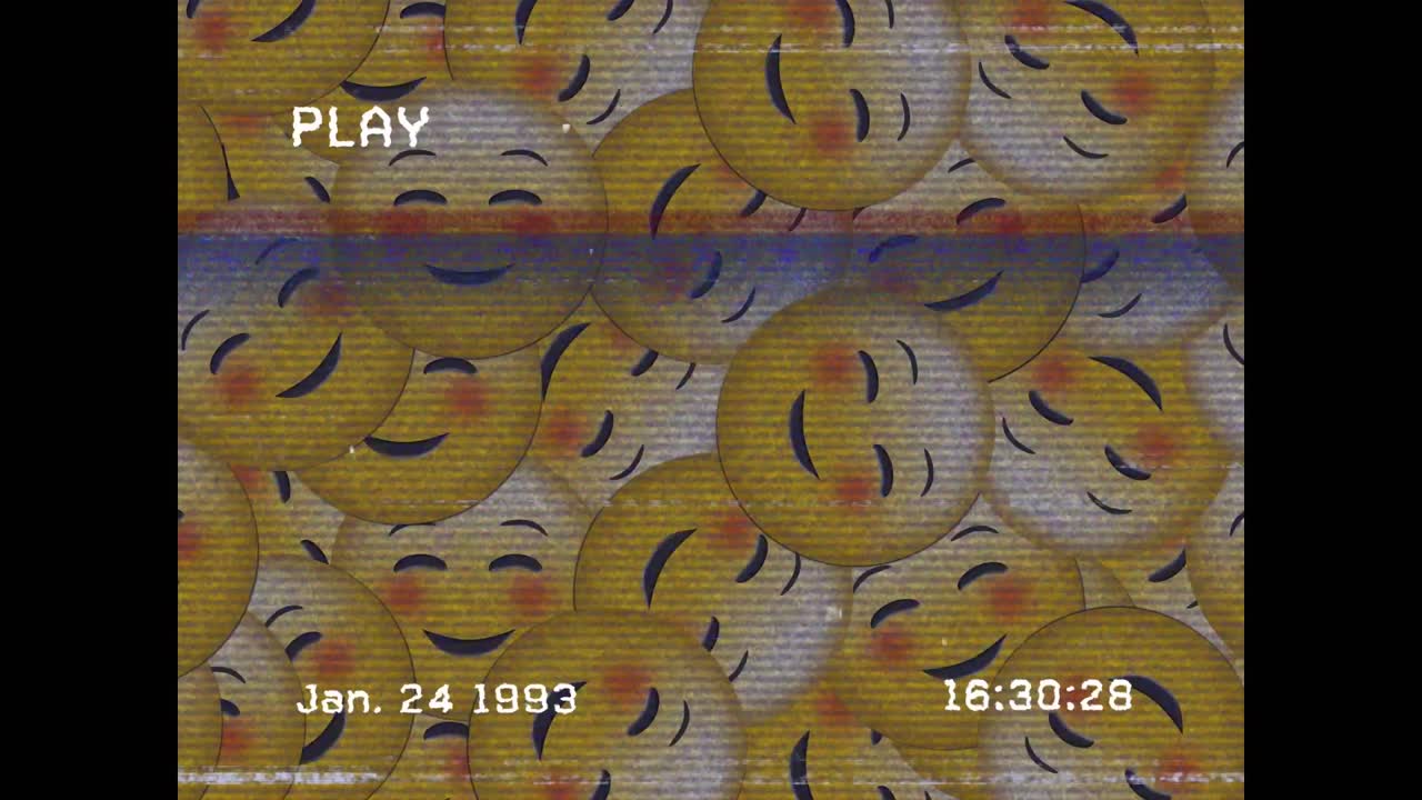 animación digital del efecto de falla de vhs sobre múltiples emojis de cara ruborizada en un fondo negro