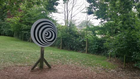 a spinning spiral optical illusion on a wooden pole in a park