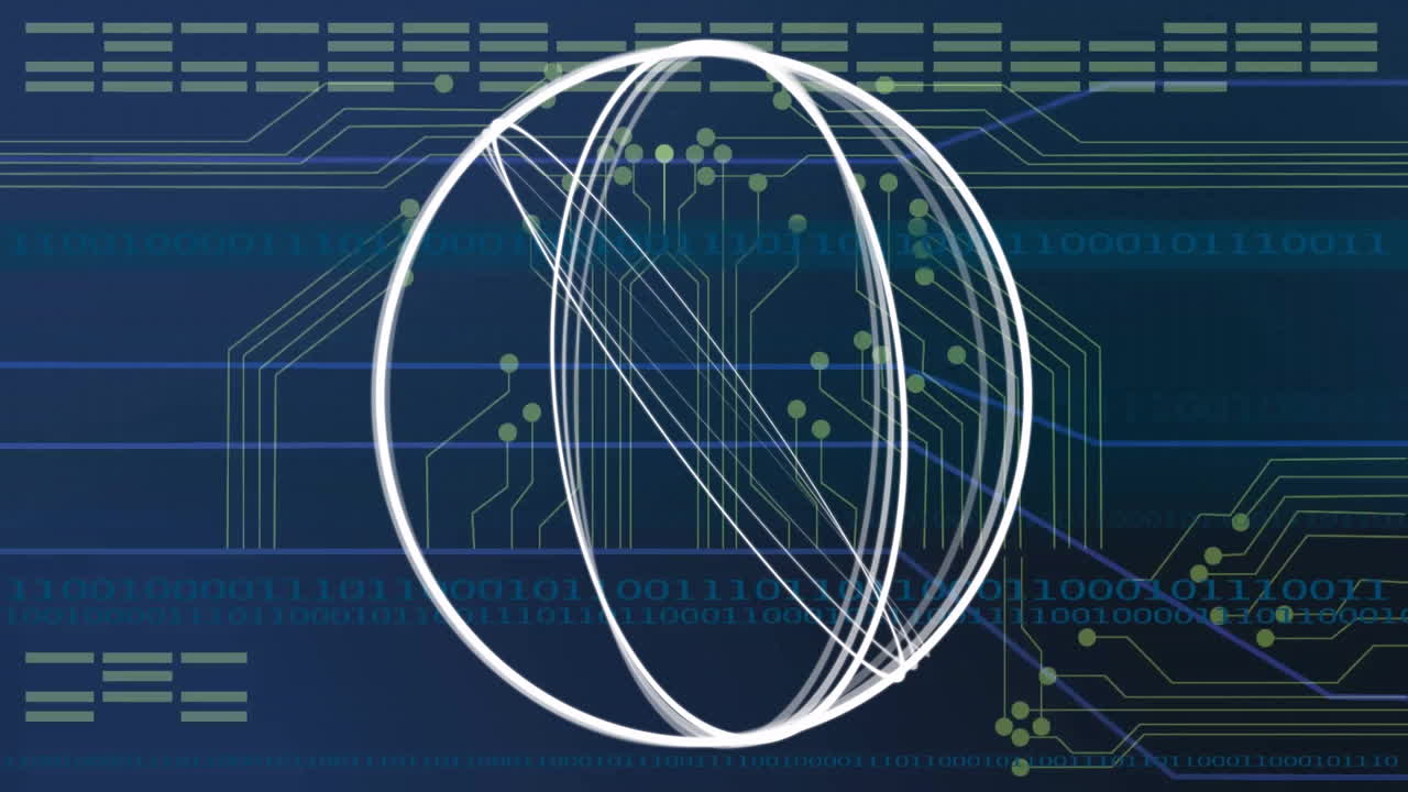 Abstract white lines forming sphere over circuit board and binary code animation
