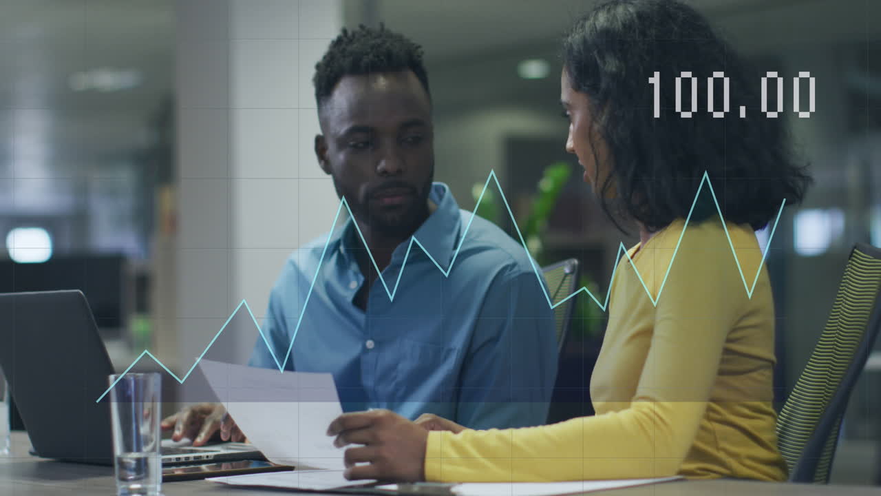 Animation of data processing over diverse business people in office