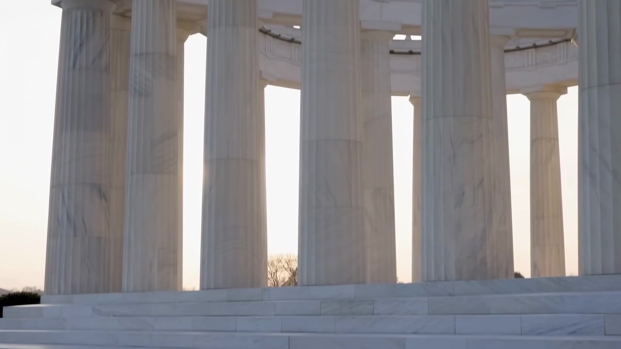 Marble Columns Reflecting In Pool, Sunrise Soft Golden Light Bathes Neoclassical Rotunda, Calm Ripples