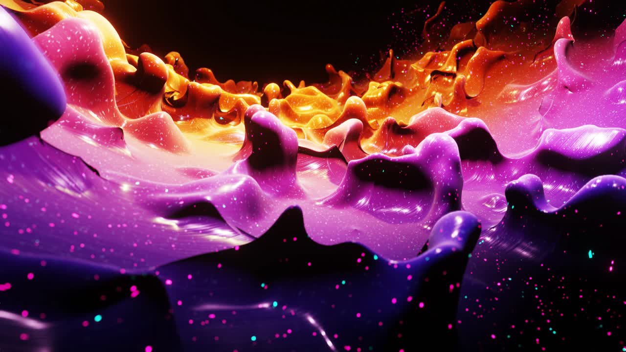 Smooth abstract animation of liquid gradient rainbow color in 4k. Bright glossy paint surface as abstract looped festive background. Glitters on viscous liquid with 3d splashes on surface like drops.