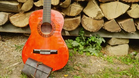 leather diary and red acoustic guitar artistic rustic log pile scene