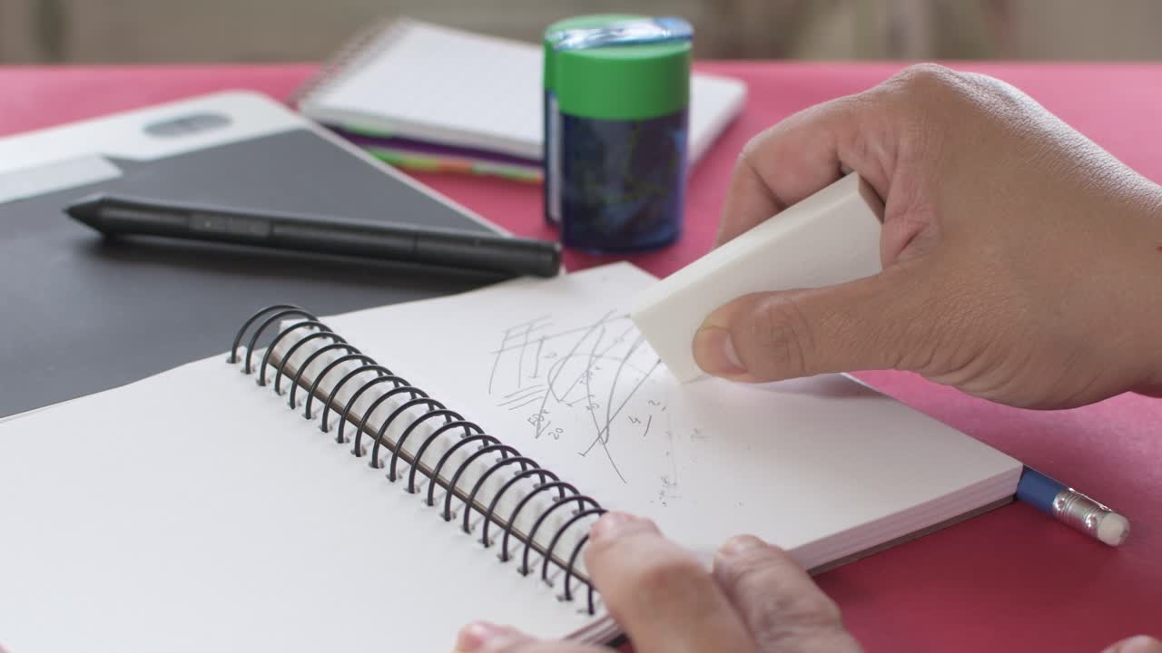 Woman's hands erasing notes written in pencil on a notebook, together with a pencil sharpener and graphic tablet in the background.
