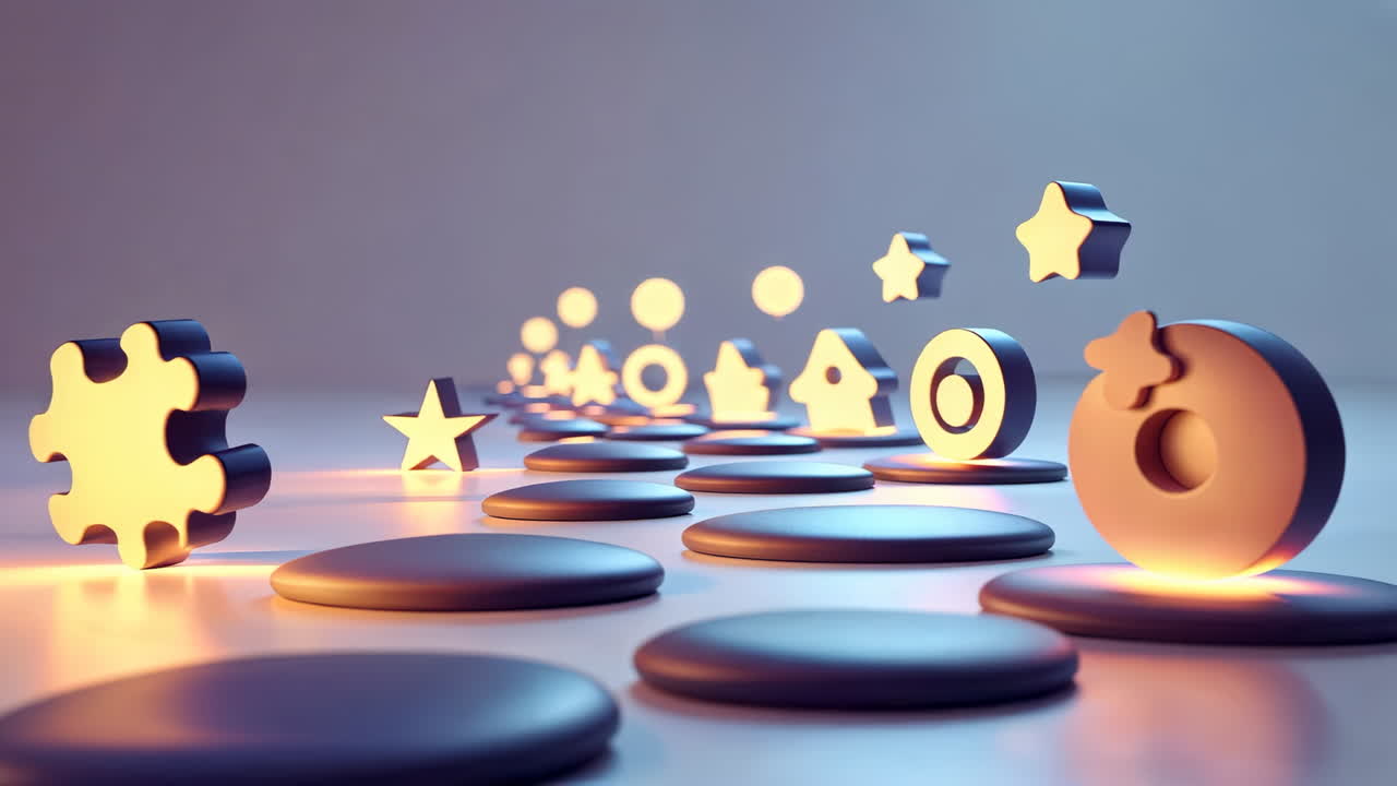 Abstract Path of Glowing 3D Geometric Shapes