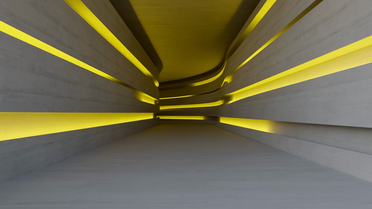 Sleek Concrete Corridor With Yellow LED Accents And Curved Walls, Reflective Floor And Soft Ambient Shadows