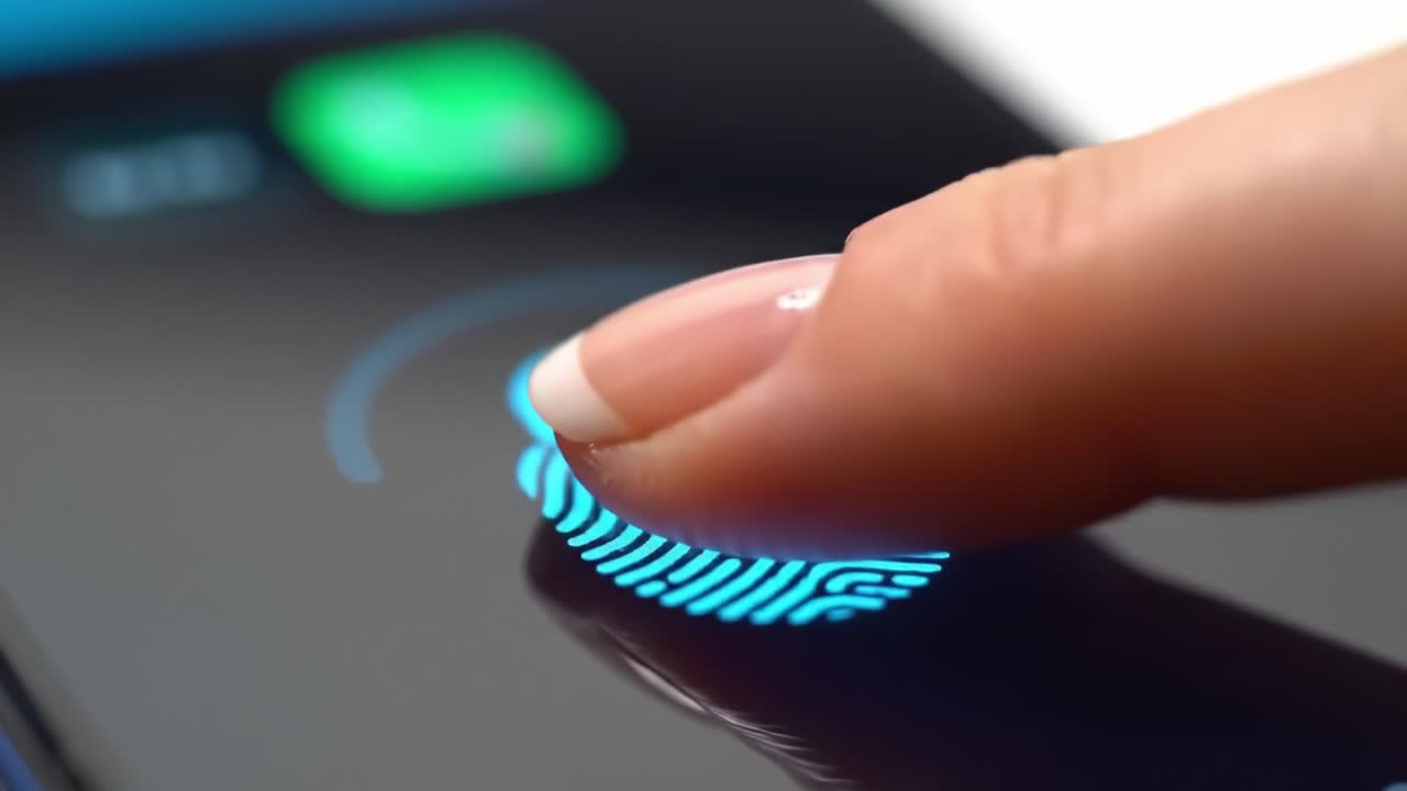 A close-up of a finger pressing against a smartphone screen, activating a fingerprint scanning feature to unlock the device. This demonstrates modern mobile security measures for user privacy.