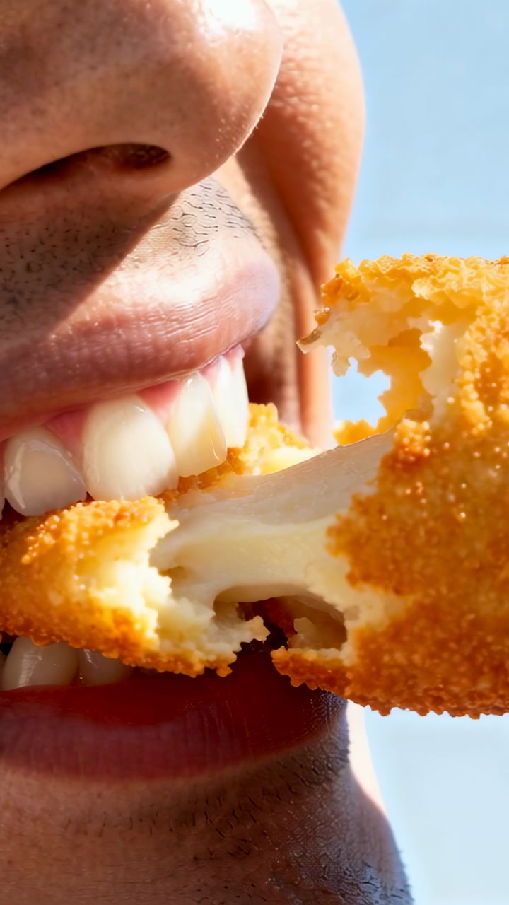 Vertical video: Man bringing crispy snack to mouth and biting, tasting cheese for food content