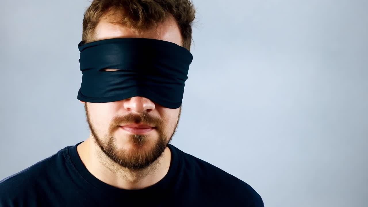 Man with a beard wears a black blindfold against a white background, creating an air of mystery and intrigue