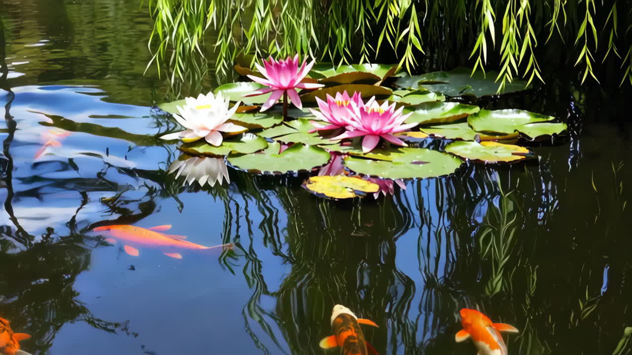 Koi Fish and Water Lilies in a Pond