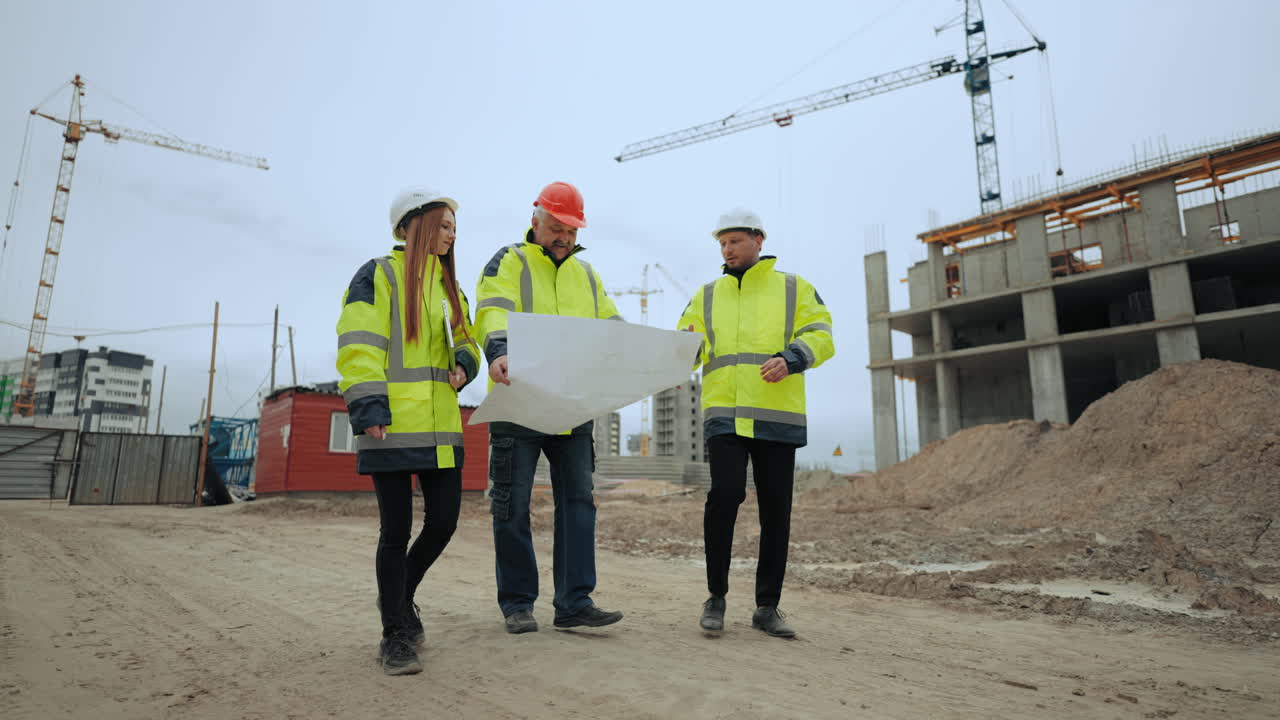 la arquitecta capataz y el ingeniero civil están viendo el plan del sitio de construcción
