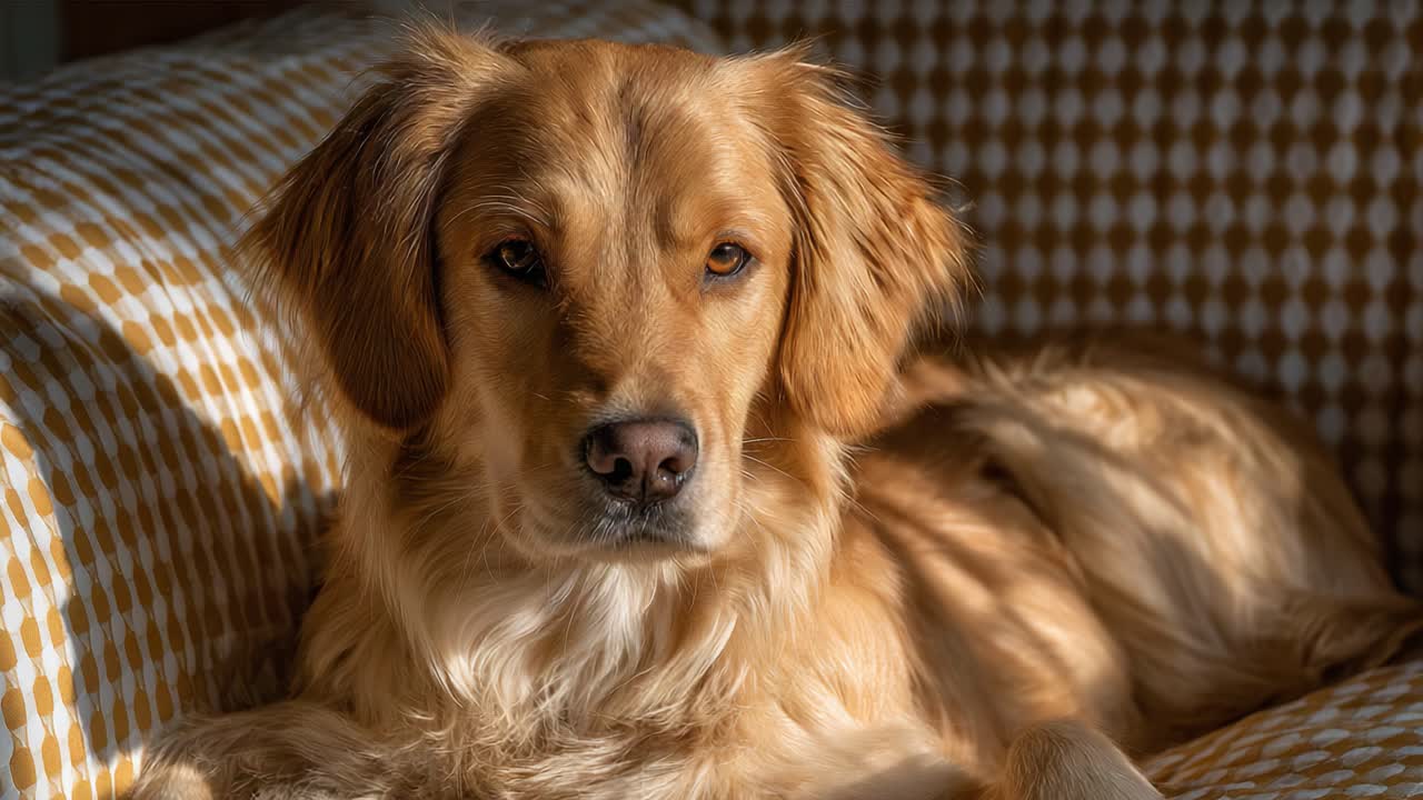 A Golden Retriever Relaxing on a Cozy Bed, Bathed in Warm Sunlight, Expressing Calmness and Contentment in Its Comfortable Environment