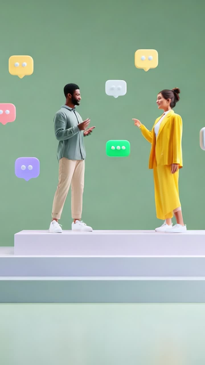 Engaging Dialogue Between Two Individuals on a Minimalist Stage Surrounded by Colorful Speech Bubbles in a Contemporary Setting