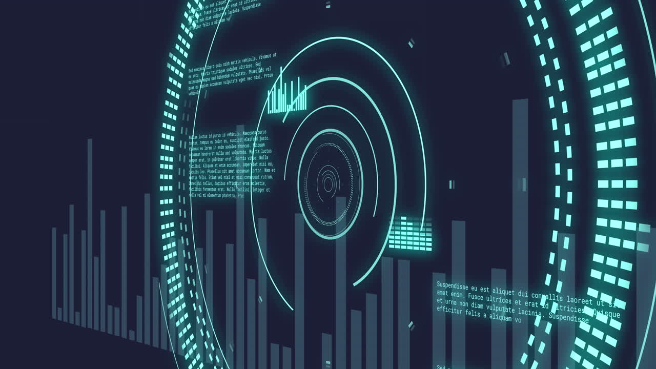 animación del escáner redondo de neón y procesamiento de datos estadísticos contra un fondo azul.