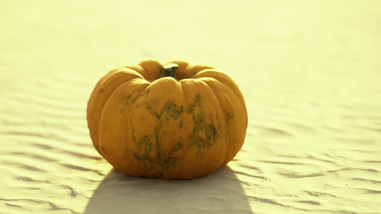 Vibrant yellow pumpkin resting on a sandy surface during sunset