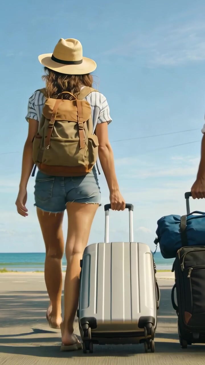 Video vertical: Mujer caminando con sombrero de paja, arrastrando una maleta plateada hacia la playa, uniéndosele un compañero.