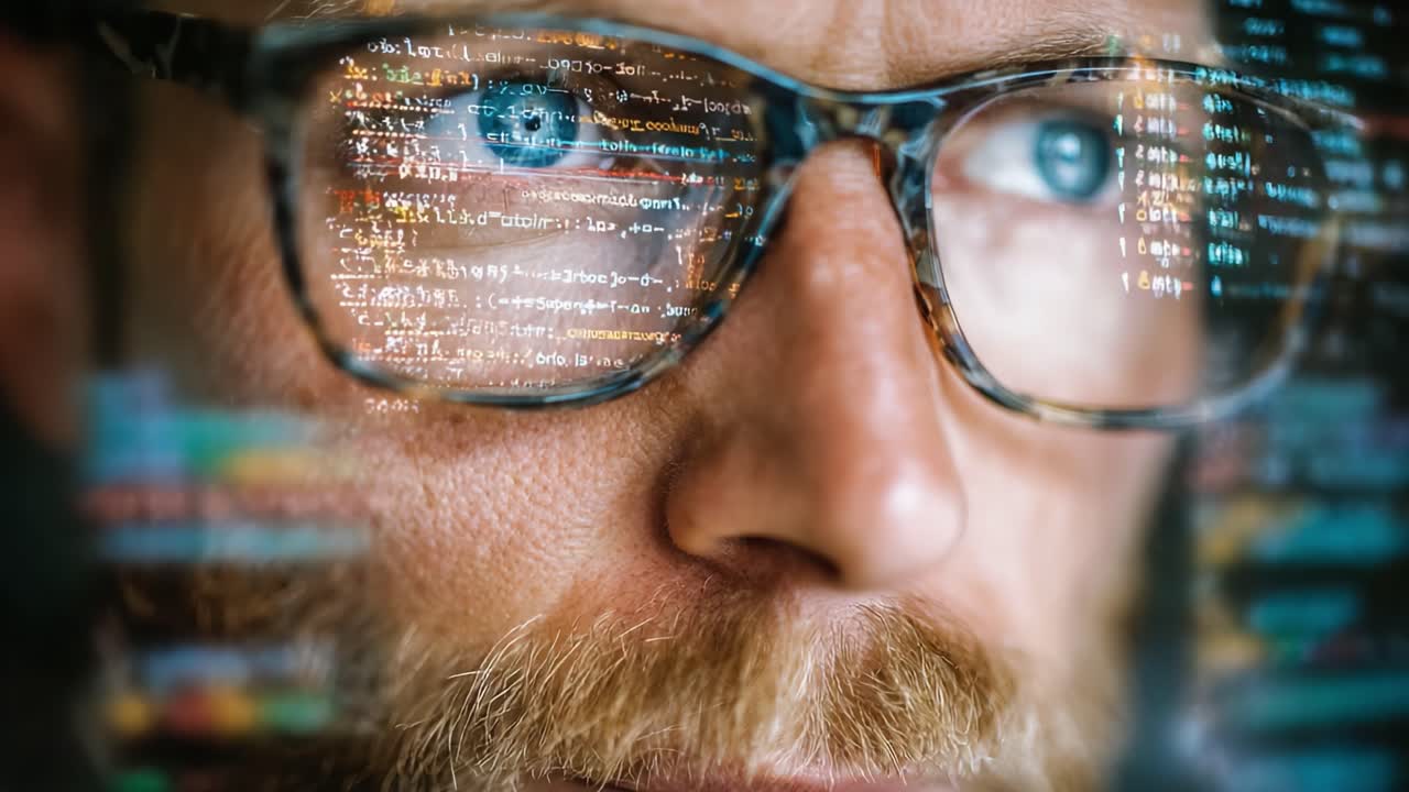 En fokuseret programmør analyserer kompleks kode gennem briller, hvilket fremhæver den intensitet og præcision, der kræves til moderne softwareudvikling i et digitalt arbejdsområde.