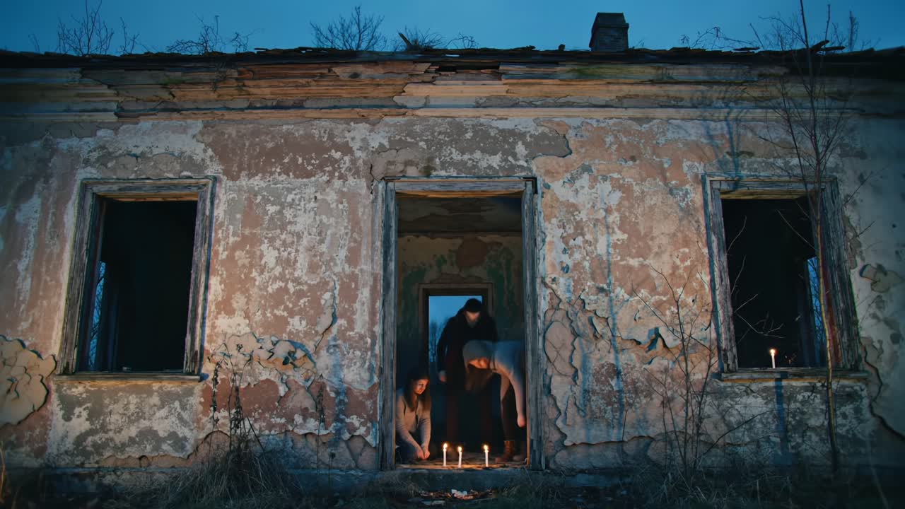 A Mysterious Gathering at Dusk: A Haunting Scene of Two Figures Conducting a Ritual Inside an Abandoned, Crumbling House Surrounded by Nature and Soft Candlelight